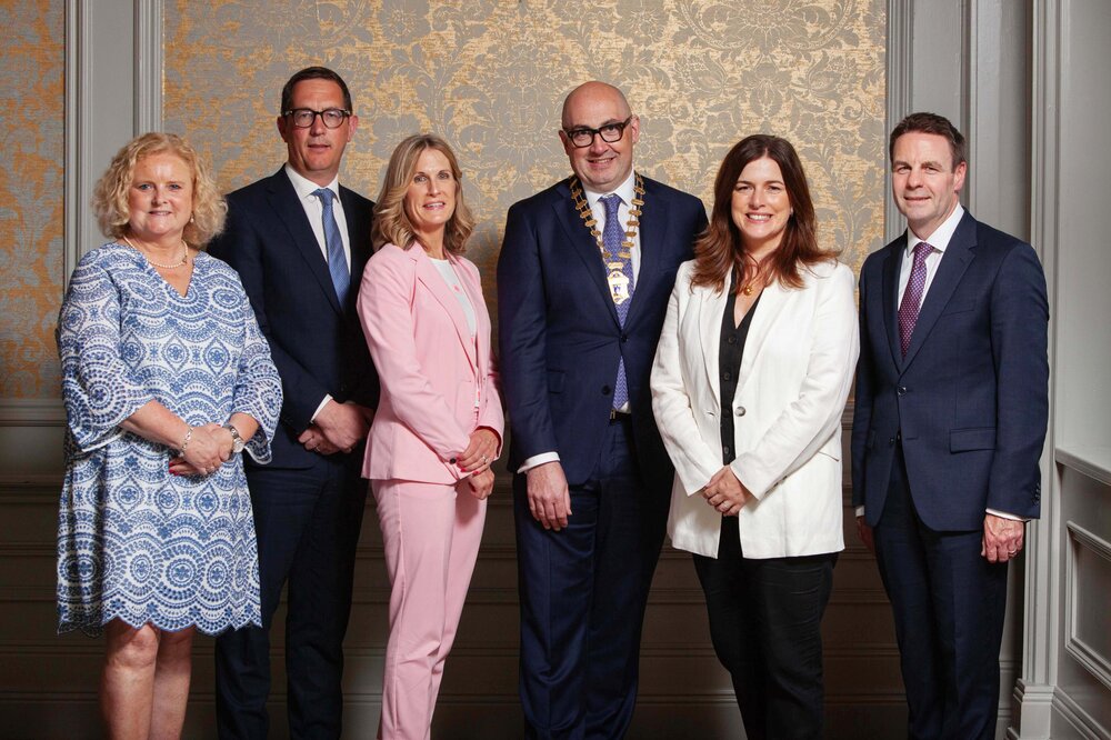 Pictured at the 2025 Cork Chamber AGM at the Imperial Hotel, Conor Healy, CEO, Rob Horgan, President, newly elected board members, Anne-Marie Linehan, J.W.O’ Donovan Solicitors, Noreen Walsh, AIB Cork with Susie Horgan, who was appointed Vice President and David Swinburne appointed Honorary Secretary. 